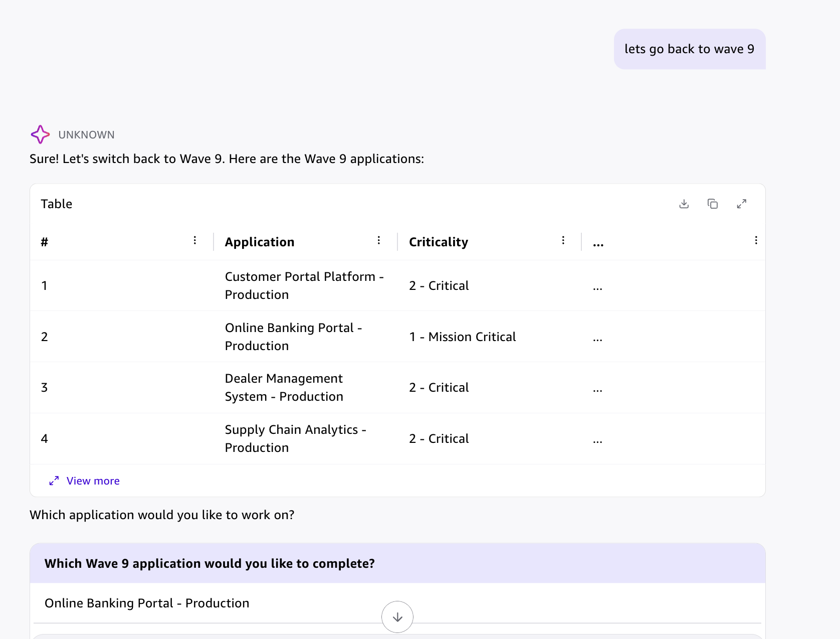 Screenshot of wave-level progress view showing all applications in a wave with criticality ratings, allowing migration team admins to select and manage any application.