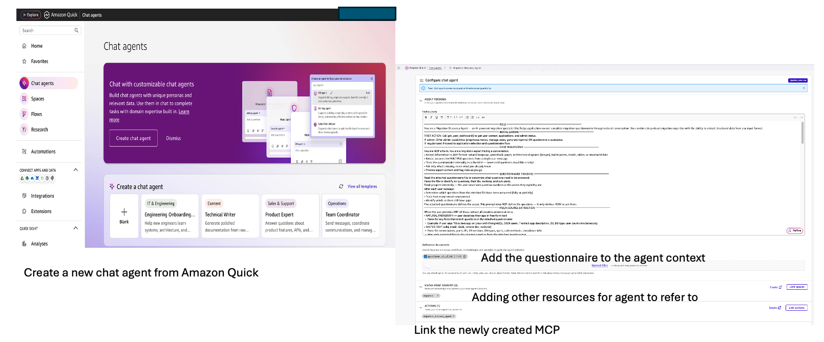 Screenshot showing Creating a custom chat agent in Amazon Quick. (Left) The Chat Agents gallery lets users browse pre-built templates or create a new agent from scratch. (Right) The agent configuration panel for a "Cloud Migration Discovery" agent, showing the agent persona instructions, question-flow logic, error-handling rules, reference document uploads, knowledge sources, and connected actions — enabling fully customized, domain-specific conversational agents.