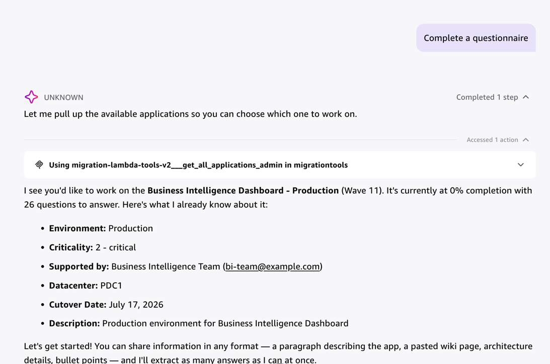Agent greeting a stakeholder on login — the agent retrieves the assigned application (Business Intelligence Dashboard - Production, Wave 11), displays pre-filled metadata including environment, criticality, and cutover date, and invites free-form input to begin the questionnaire.