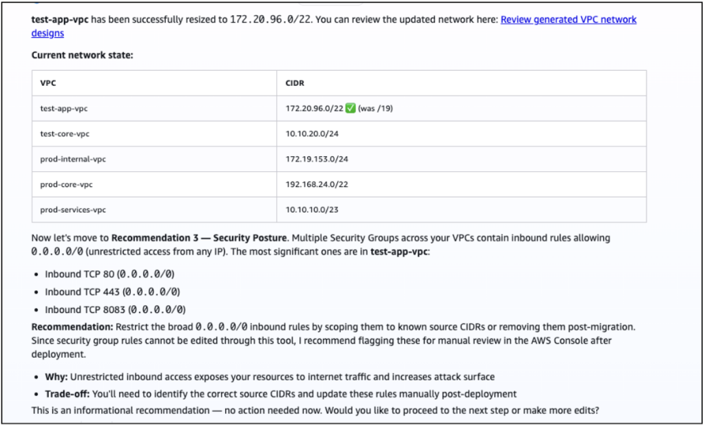 AWS Transform Recommendation 3, Security Posture. A network-state table lists each VPC and CIDR, then flags three unrestricted inbound Security Group rules in test-app-vpc: Inbound TCP 80, 443, and 8083, all open to 0.0.0.0/0. Guidance recommends scoping these rules to known source CIDRs or flagging them for manual review, since security group rules cannot be edited through the tool.