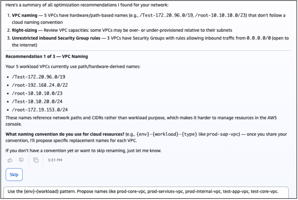 AWS Transform summary of optimization recommendations for the network: (1) VPC naming, 5 VPCs use hardware/path-based names; (2) Right-sizing, some VPCs may be over- or under-provisioned; (3) Unrestricted inbound Security Group rules, 3 VPCs allow inbound traffic from 0.0.0.0/0. Recommendation 1 of 3 lists the five path-derived VPC names and asks for a cloud naming convention.