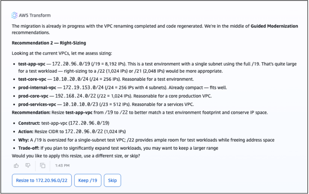 AWS Transform Recommendation 2, Right-Sizing. It assesses each VPC's CIDR and flags test-app-vpc at 172.20.96.0/19 (8,192 IPs) as oversized for a single-subnet test workload, recommending a resize to /22. Buttons offer Resize to 172.20.96.0/22, Keep /19, or Skip.