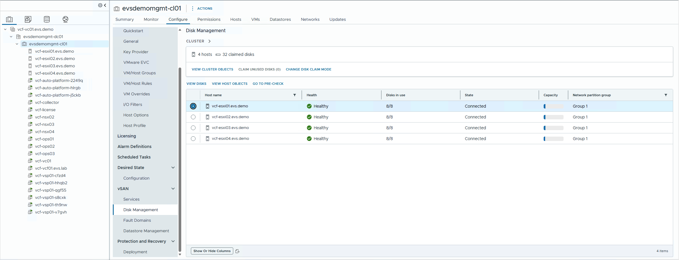 vSAN Disk Management showing host disk list