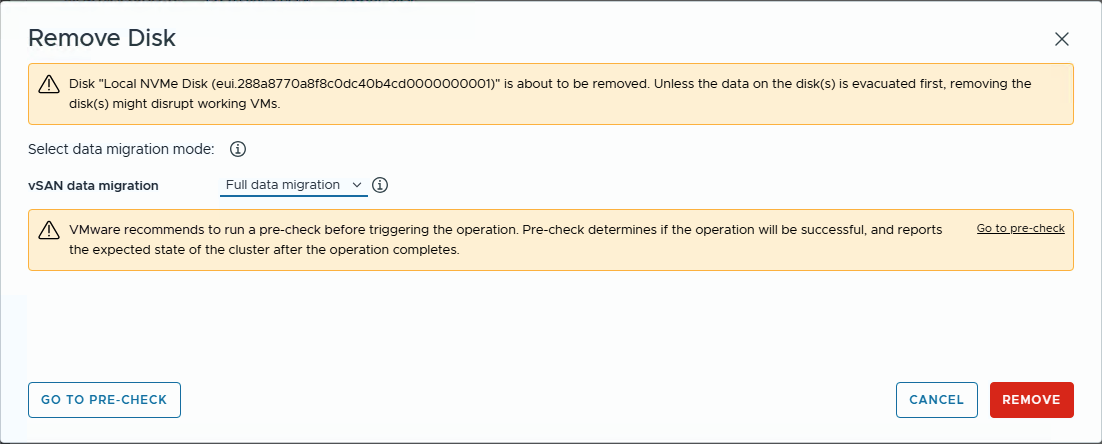 Full data evacuation option selected