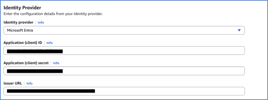 AWS Transform identity provider configuration form