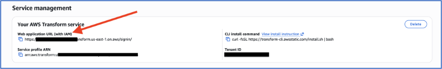 AWS Transform settings tab