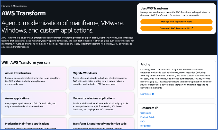 AWS Transform console home page
