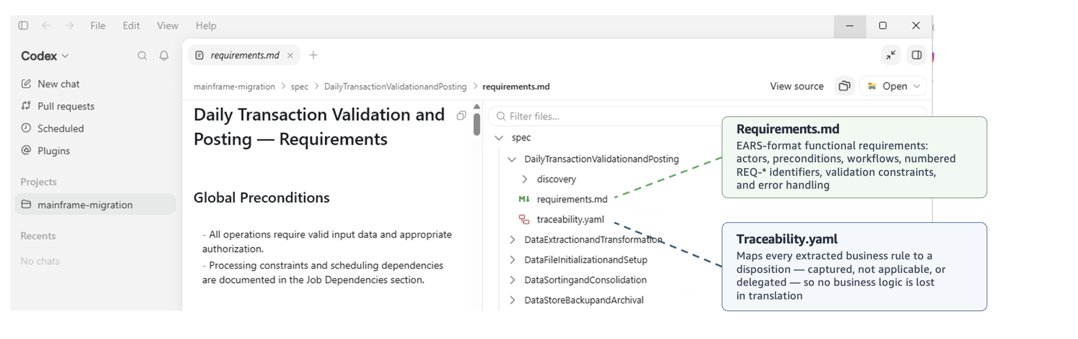 AWS Transform output artifacts per business function opened in Codex App