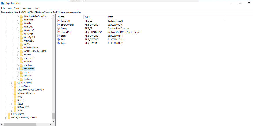 xenevtchn service registry entries showing ImagePath=system32\DRIVERS\xevtchn.sys, Group=System Bus Extender, Start=1