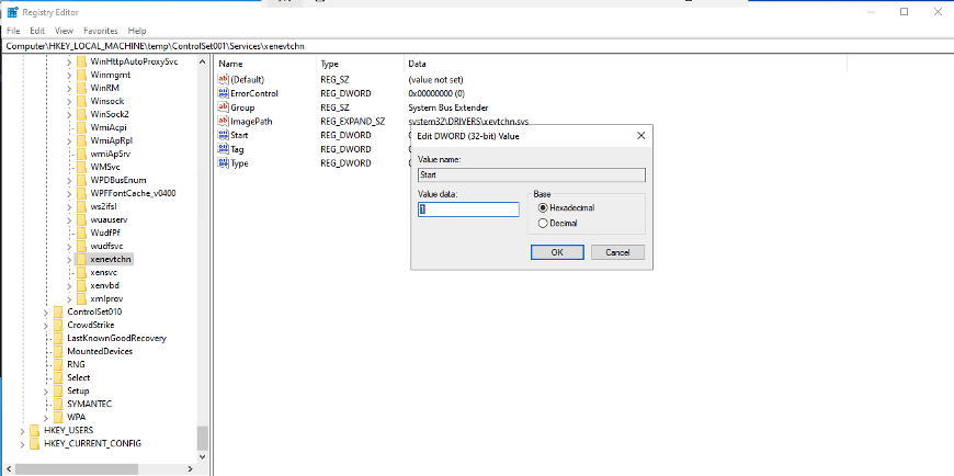 Edit DWORD dialog setting xenevtchn Start value to 1 (hexadecimal)