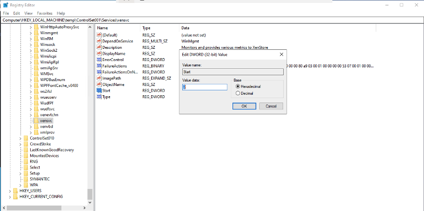 Edit DWORD dialog setting xensvc Start value to 2 (hexadecimal) for Automatic start
