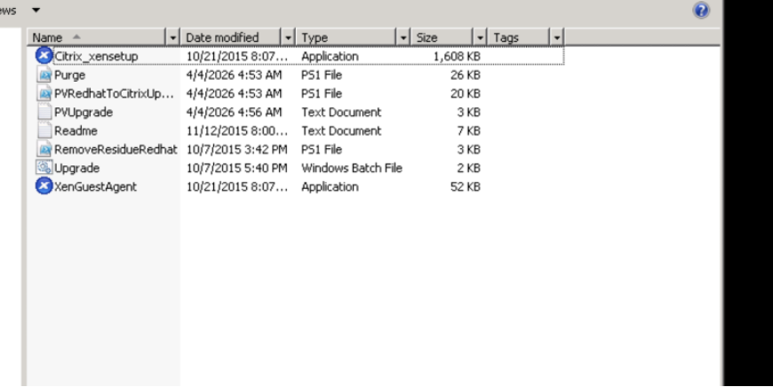 Citrix-Win_PV package contents on the source server (C:\Scripts) showing Upgrade.bat and installer files
