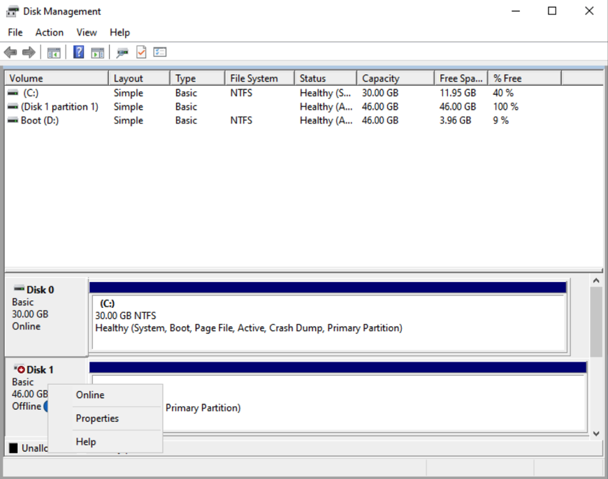 Disk Management utility showing Disk 1 (46 GB) in Offline state with context menu to bring Online