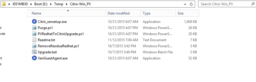 Citrix-Win_PV files visible on the attached Boot (E:) drive at E:\Temp\Citrix-Win_PV