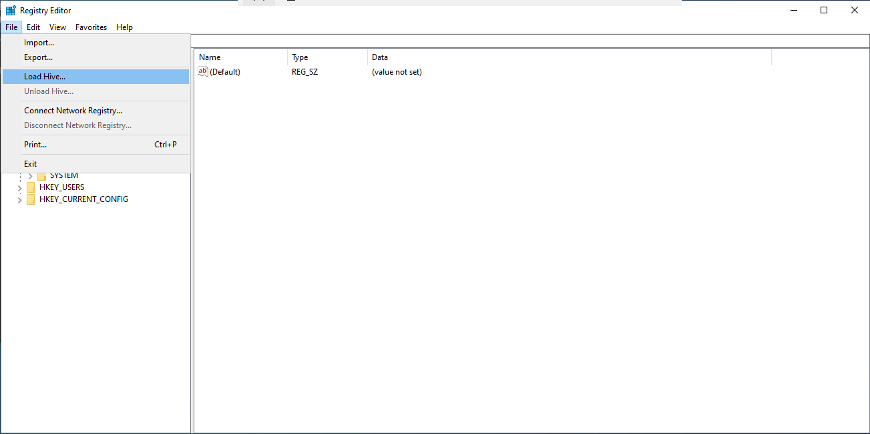 Registry Editor with File menu open showing "Load Hive..." option highlighted