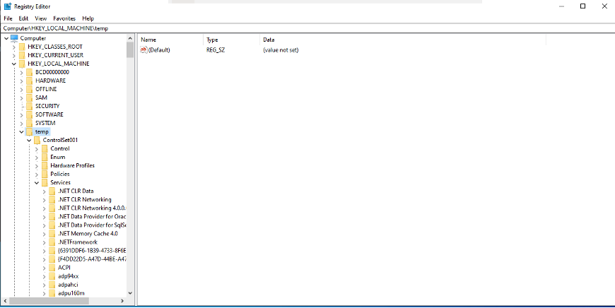 Registry Editor showing the loaded hive under HKEY_LOCAL_MACHINE\temp with ControlSet001\Services expanded