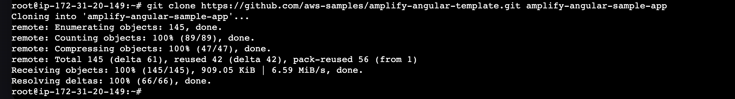 Terminal: git clone of the aws-samples/amplify-angular-template repo into amplify-angular-sample-app, showing 145 objects received successfully.