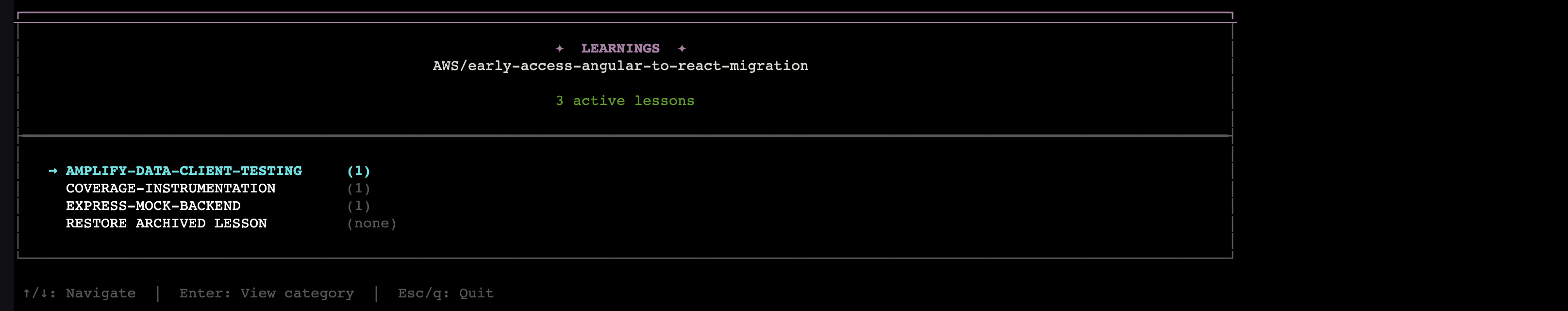 Terminal UI: a LEARNINGS menu for AWS/early-access-angular-to-react-migration showing 3 active lessons (amplify-data-client-testing, coverage-instrumentation, express-mock-backend) with navigation key hints at the bottom.