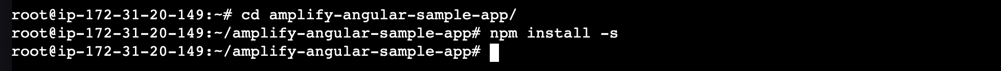 Terminal: cd into amplify-angular-sample-app and run npm install to install the project dependencies.