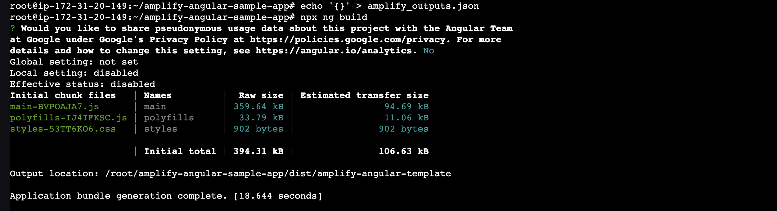 Terminal: Angular build via npx ng build after creating an empty amplify_outputs.json, showing initial chunk files (main, polyfills, styles) totaling 394.31 kB and a successful bundle generation in 18.6 seconds.