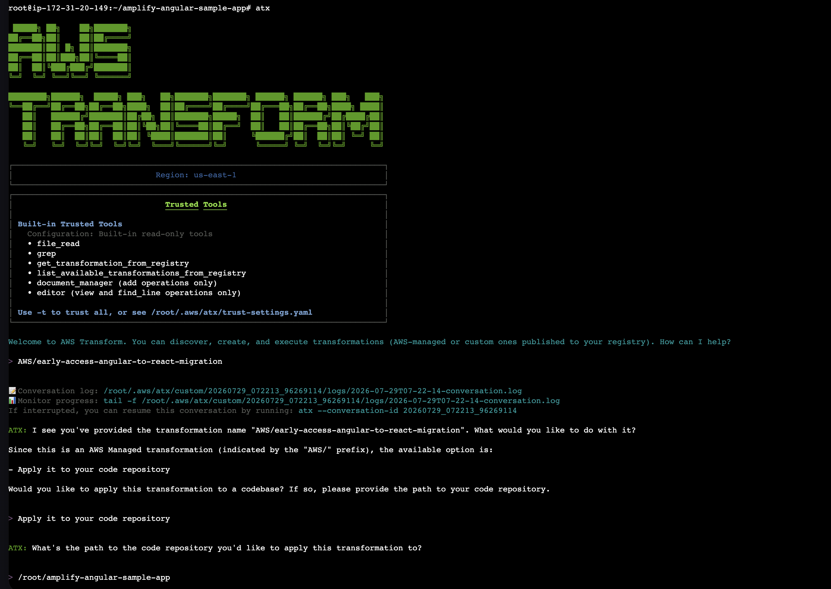 AWS Transform (ATX) interactive CLI welcome screen showing the ASCII AWS TRANSFORM logo, Region us-east-1, the built-in trusted read-only tools list, and the prompt to apply the Angular-to-React migration to the /root/amplify-angular-sample-app repository.