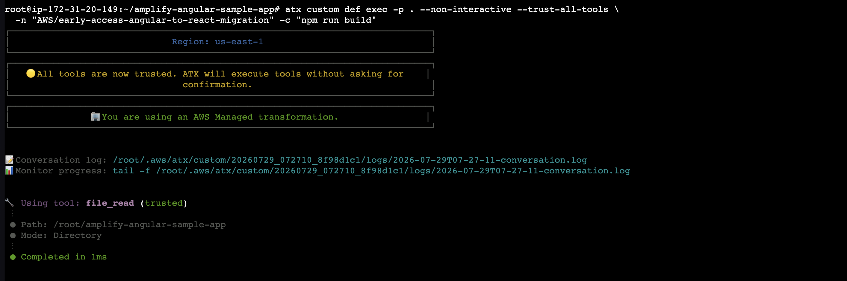 Terminal: non-interactive ATX run with --trust-all-tools applying the early-access Angular-to-React migration, showing all tools trusted, an AWS Managed transformation, and the first file_read tool call completing.