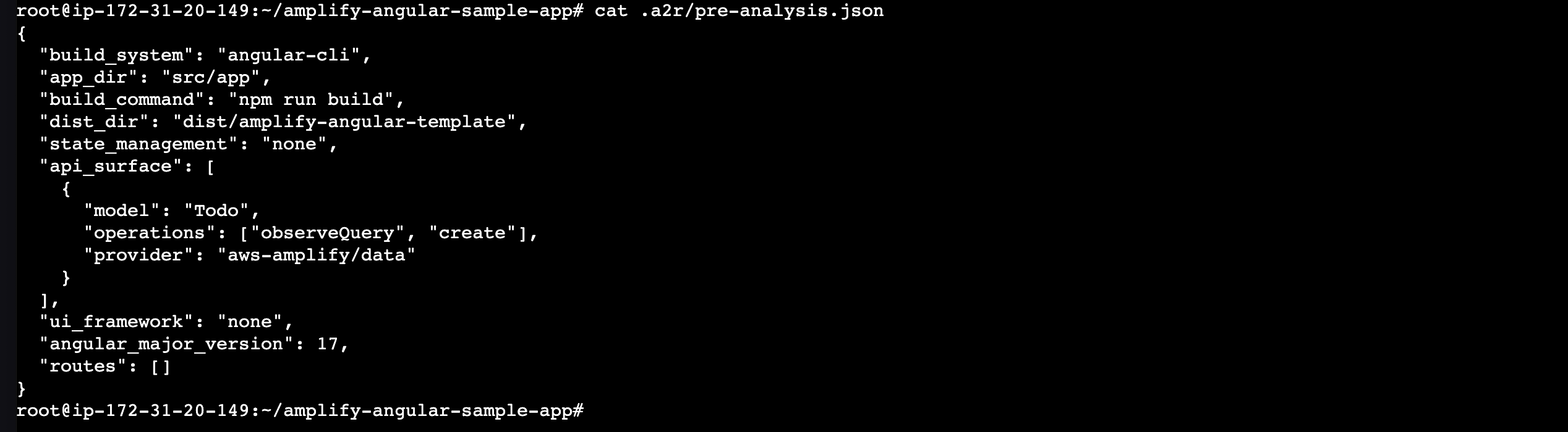 Terminal: contents of pre-analysis.json showing the detected build system (angular-cli), app directory, build command, Amazon Amplify Data API surface (Todo model with observeQuery and create), no UI framework, and Angular major version 17.