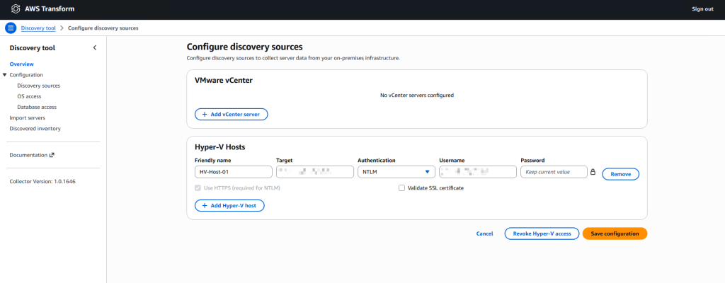 Configuring a Hyper-V host as a discovery source in the AWS Transform discovery tool