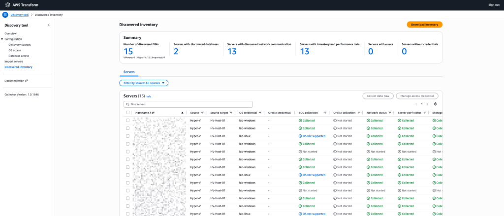 Figure 2: The Discovered inventory page of the AWS Transform discovery tool showing Hyper-V servers discovered in a lab environment