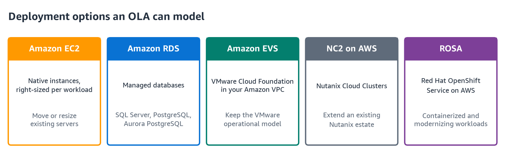 Deployment options modeled by an OLA: Amazon EC2, Amazon RDS, Amazon EVS, Nutanix Cloud Clusters on AWS, and Red Hat OpenShift Service on AWS