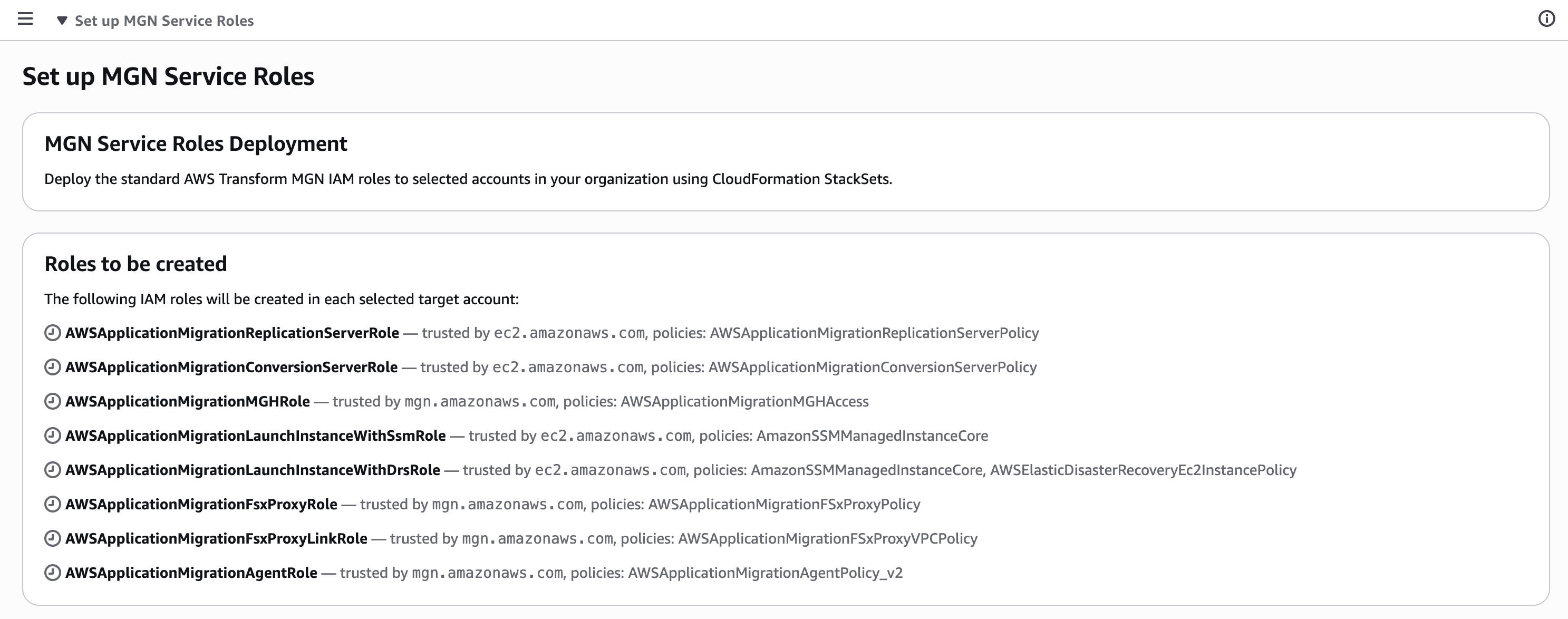 aws transform multi-account MGN IAM target roles