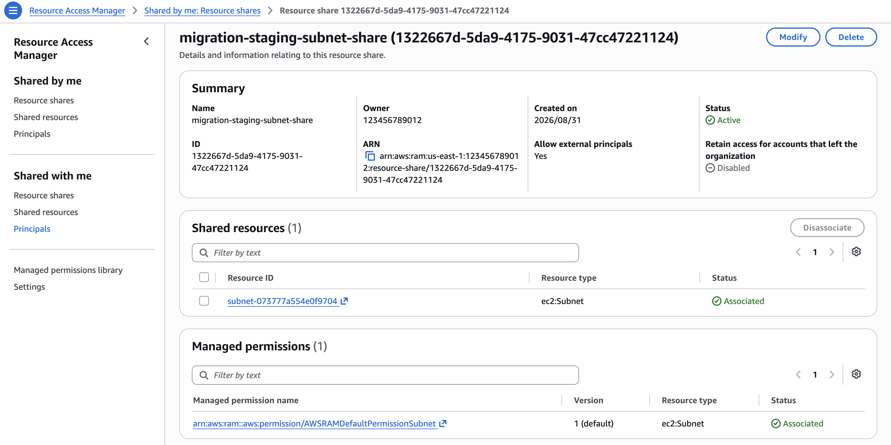 aws transform multi-account migration AWS RAM resource share showing the target stagins subnet