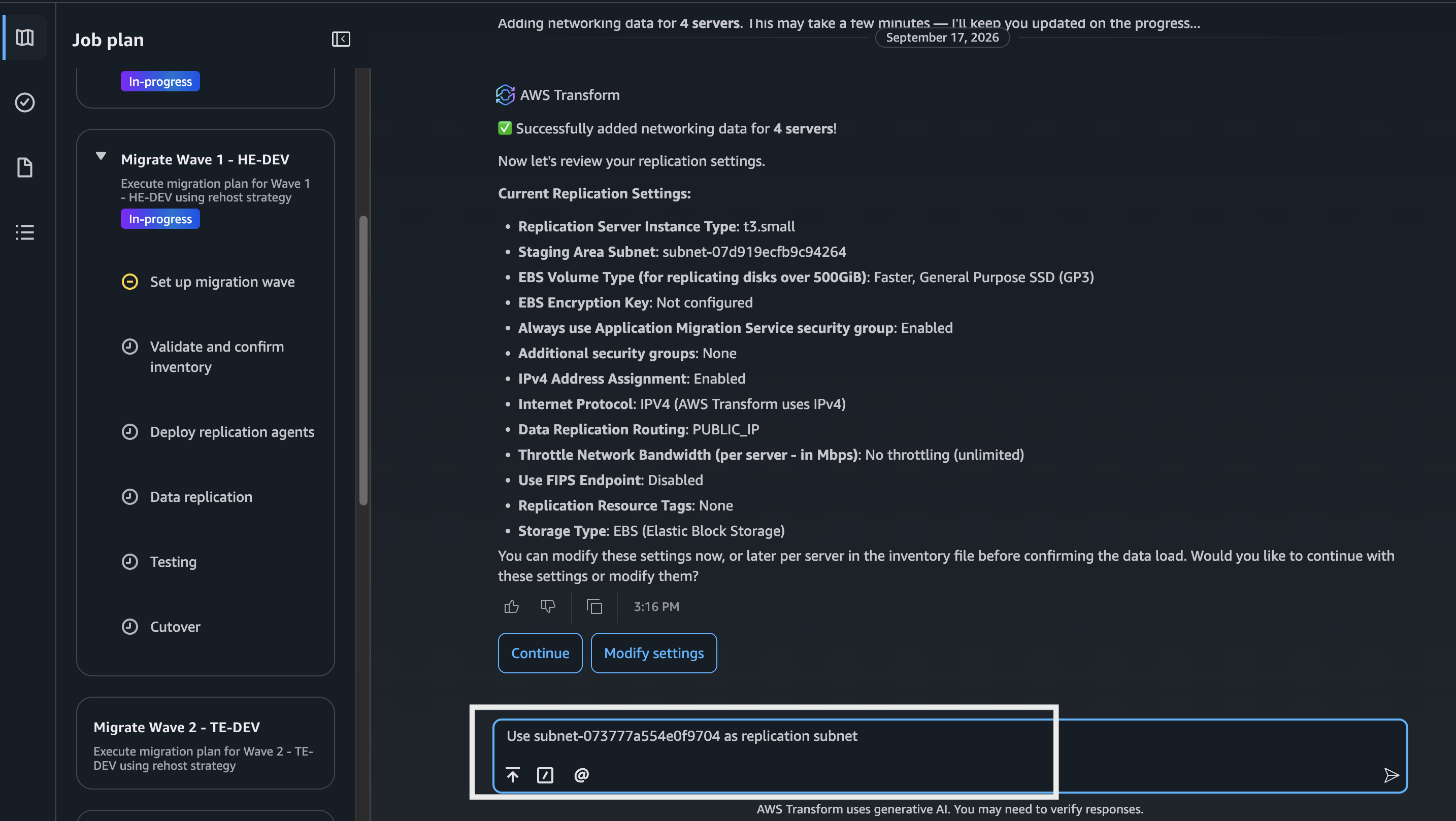 aws transform multi-account migration set the staging subnet