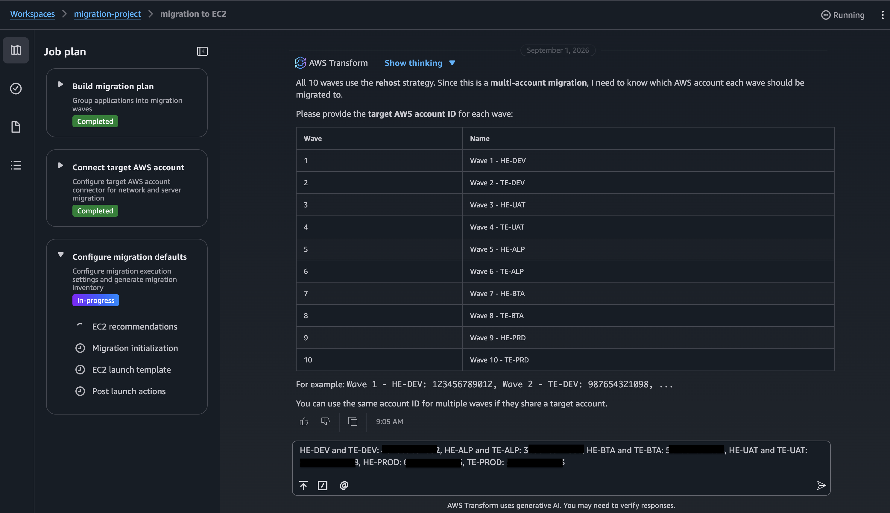 aws transform multi-account assign waves to target accounts