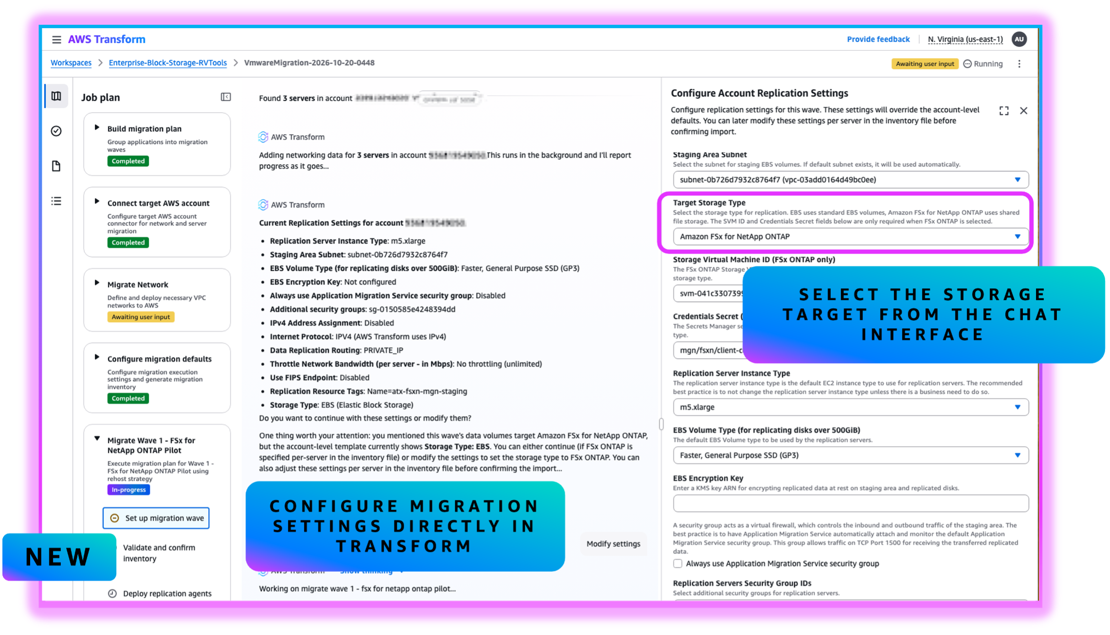 AWS Transform MGN replication settings showing the target storage configuration, with the option to select Amazon FSx for NetApp ONTAP as the target for block workloads.