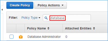 Screenshot of typing "database" in filter box