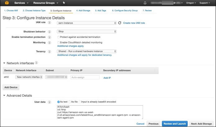 Screenshot of configuring instance details