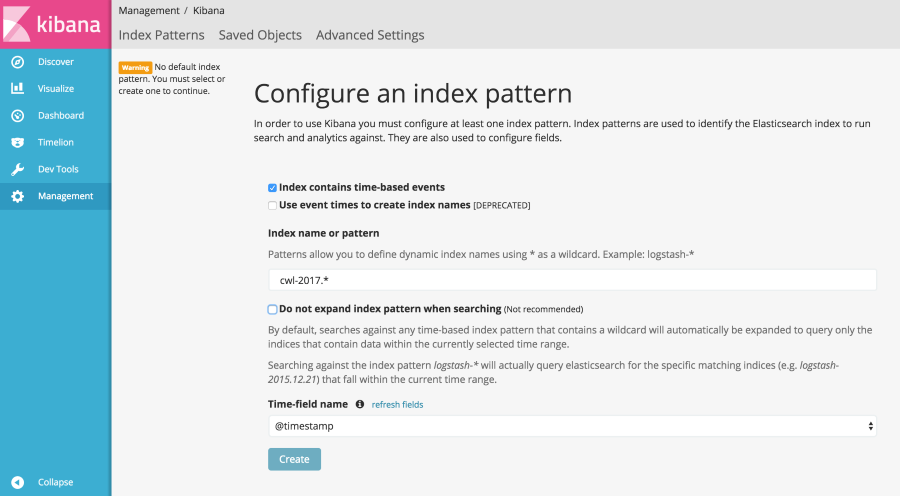 Screenshot of the "Configure an index pattern" screen