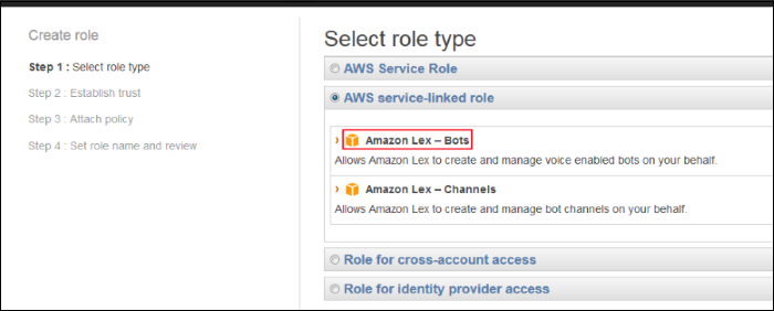 Screenshot of choosing "Amazon Lex - Bots"