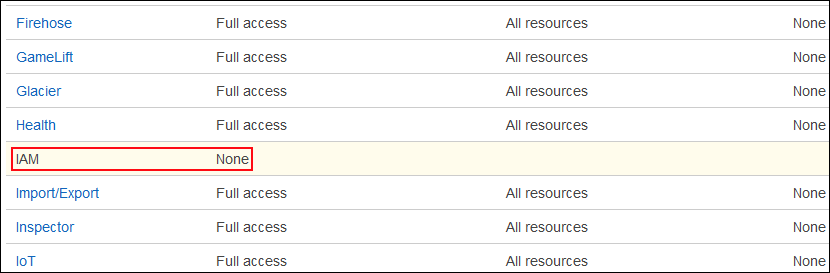 Screenshot showing that the policy does not grant access to IAM