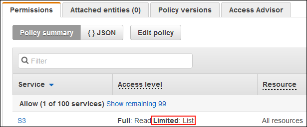 Screenshot showing Limited: List in the policy summary