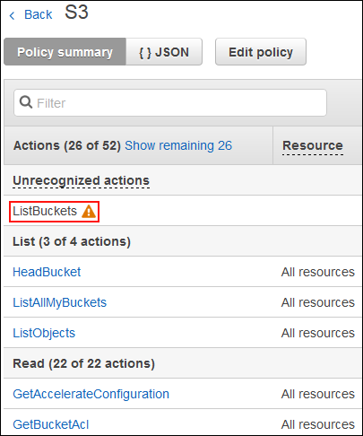 Screenshot showing that ListBuckets is not recognized by IAM