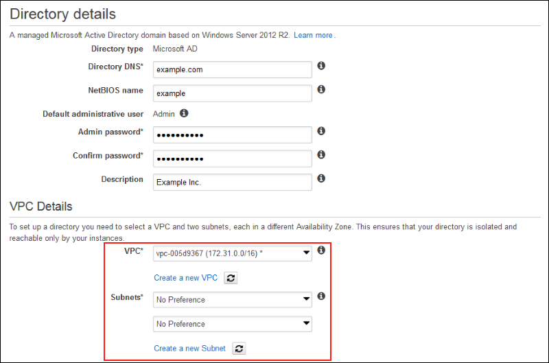 Screenshot of choosing the VPC in which to create the directory