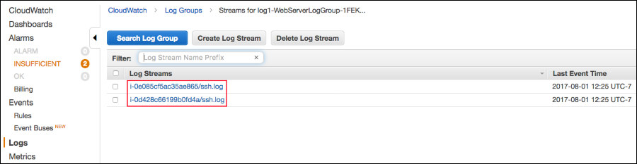 Screenshot of two log streams' instance-IDs