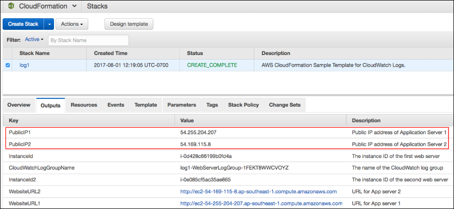 Screenshot showing the public IP addresses of the servers