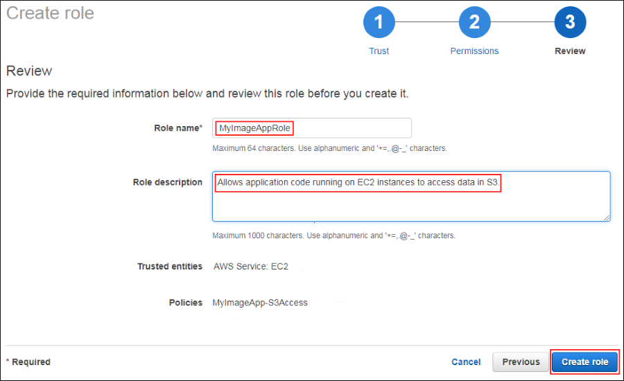 Screenshot of finishing the role creation process