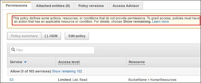 Screenshot showing the warning at the top of the policy