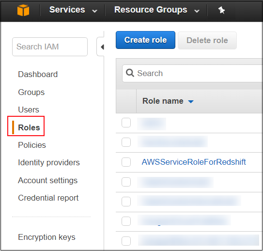 Screenshot of the Roles page in the IAM console