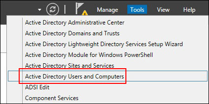 Screnshot of the menu including the "Active Directory Users and Computers" choice