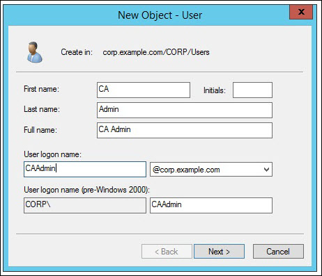 Screenshot of completing the "New Object - User" boxes Screenshot of completing the "New Object - User" boxes